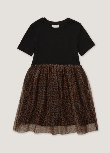 Girls Black Leopard Print Mesh Dress (4-13yrs)