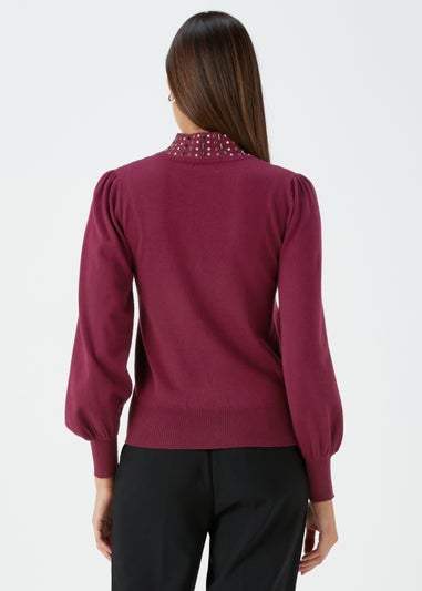 Et Vous Berry Embellished Neck Knitted Jumper