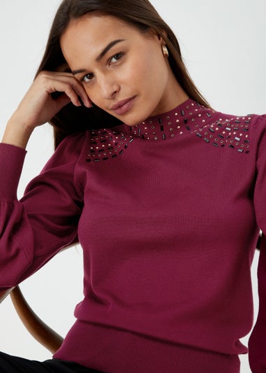 Et Vous Berry Embellished Neck Knitted Jumper