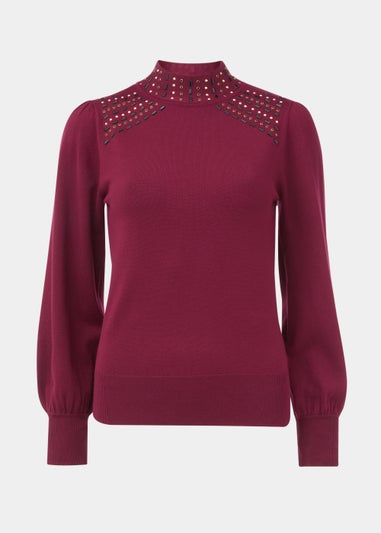 Et Vous Berry Embellished Neck Knitted Jumper