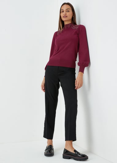 Et Vous Berry Embellished Neck Knitted Jumper