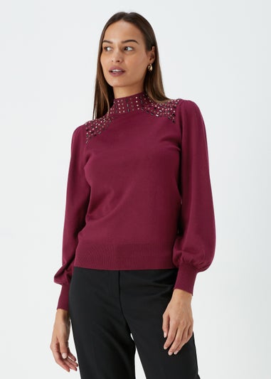 Et Vous Berry Embellished Neck Knitted Jumper