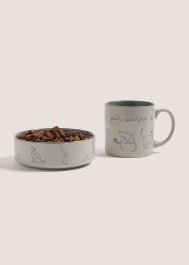 Grey Cat Mug & Bowl Set (31cm x 16cm x 9cm)