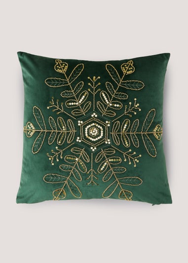 Green Snowflake Beaded Cushion (43cm x 43cm)