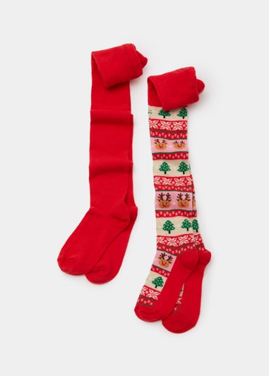 Kids 2 Pack Red Christmas Tights (4-13yrs)