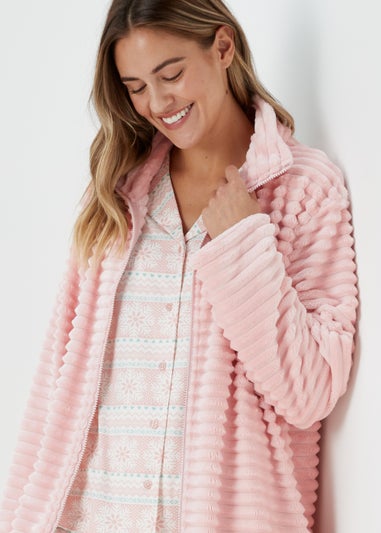 Pink Textured Zip Up Dressing Gown