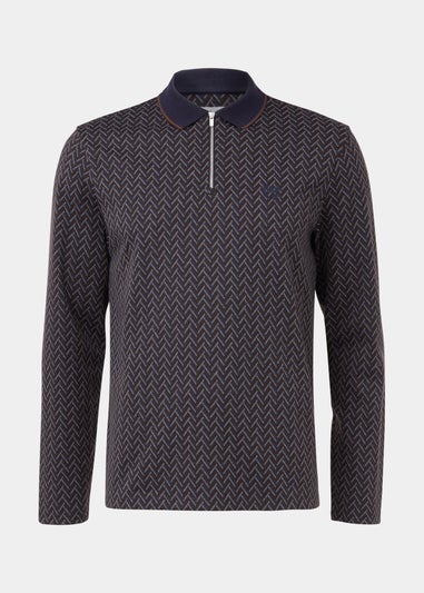 Navy Heritage Look Print Long Sleeve Polo Shirt