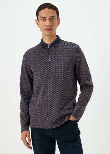 Navy Heritage Look Print Long Sleeve Polo Shirt