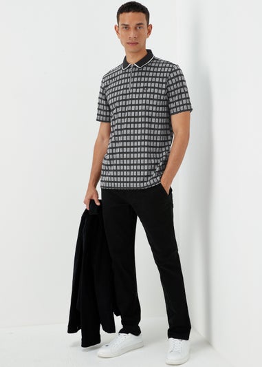 Black Jacquard Square Print Zip Up Polo Shirt