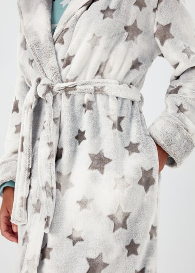 Grey Star Print Textured Hooded Dressing Gown