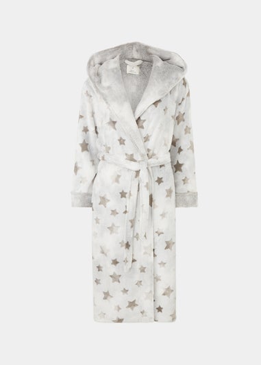 Grey Star Print Textured Hooded Dressing Gown