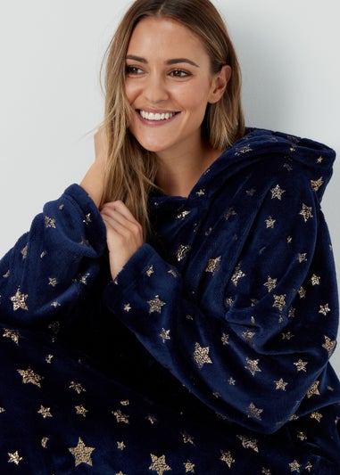 Navy Star Foil Long Snuggle Hoodie