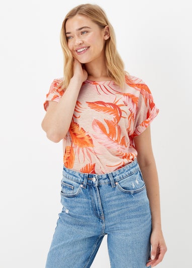 Coral Leaf Print Linen Blend T-Shirt