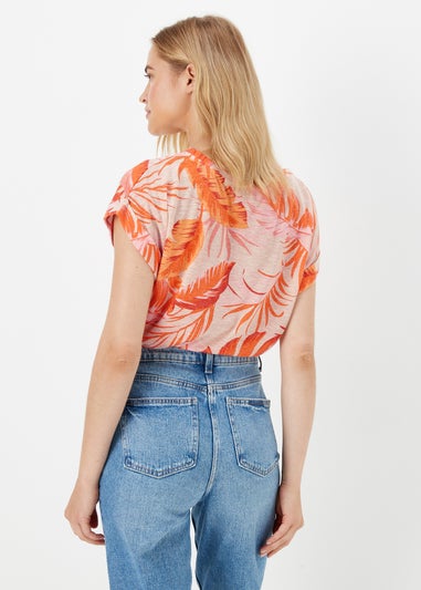 Coral Leaf Print Linen Blend T-Shirt