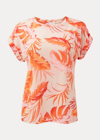 Coral Leaf Print Linen Blend T-Shirt