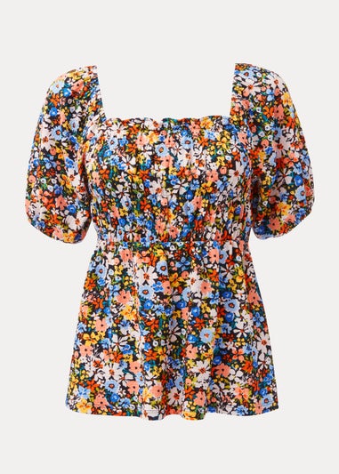 Multicoloured Floral Print Shirred Top