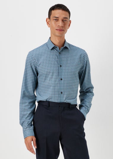 Taylor & Wright Navy Tile Print 4 Way Stretch Slim Fit Shirt