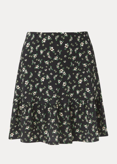 Black Floral Crinkle Jersey Mini Skirt