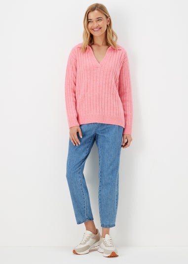 Pink Collar Ribbed Jumper