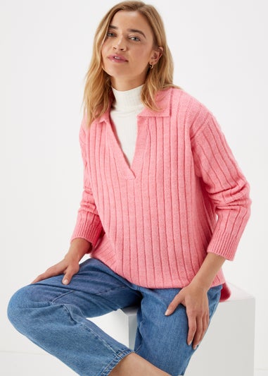 Pink Collar Ribbed Jumper