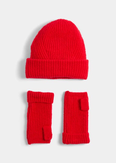 Red Ribbed Beanie Hat & Fingerless Gloves Set