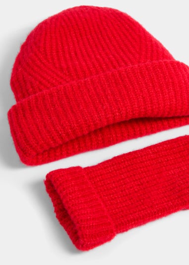 Red Ribbed Beanie Hat & Fingerless Gloves Set