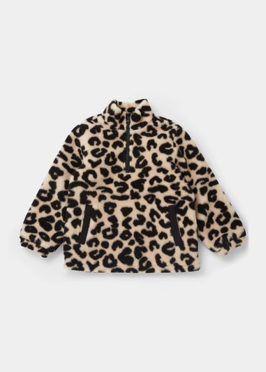 Girls Mini Me Brown Leopard Print Borg Jacket (4-13yrs)