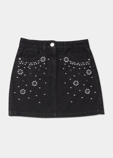 Girls Black Stud Denim Skirt (4-13yrs)