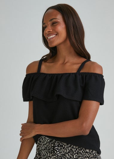 Black Textured Strap Bardot Top