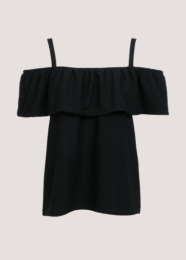 Black Textured Strap Bardot Top