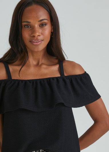 Black Textured Strap Bardot Top