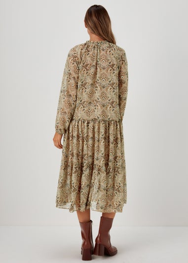 Green Paisley Print Chiffon Midi Dress