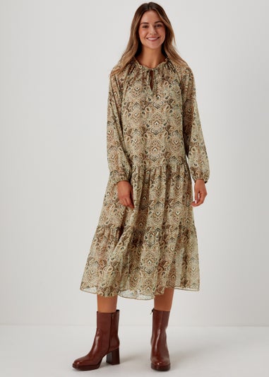 Green Paisley Print Chiffon Midi Dress