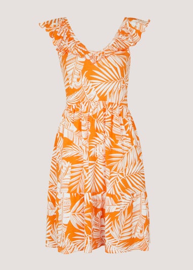 Orange Leaf Print Frill Mini Dress