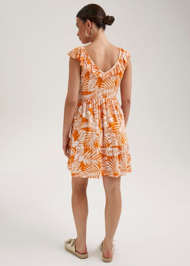 Orange Leaf Print Frill Mini Dress