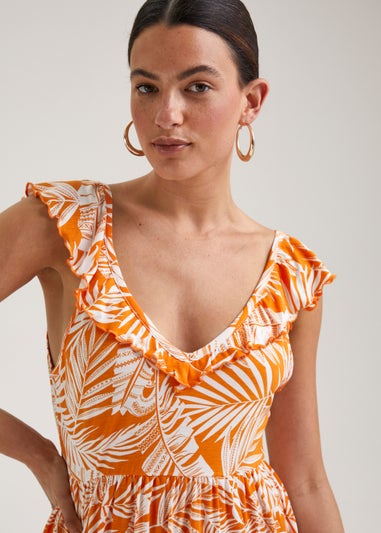 Orange Leaf Print Frill Mini Dress