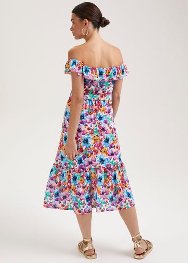 Multicoloured Floral Print Belted Bardot Dress