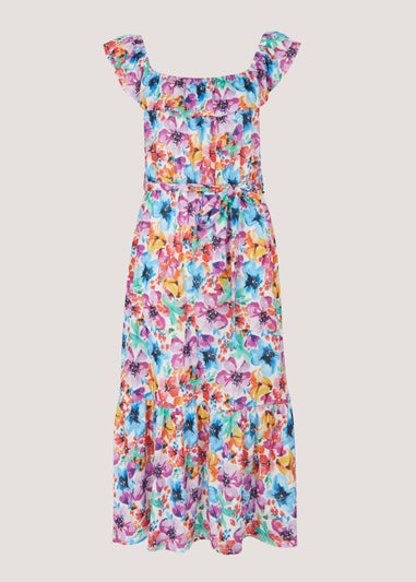 Multicoloured Floral Print Belted Bardot Dress