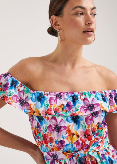 Multicoloured Floral Print Belted Bardot Dress