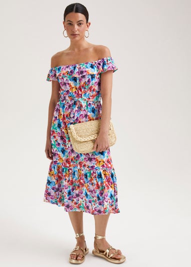 Multicoloured Floral Print Belted Bardot Dress