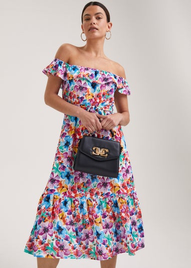 Multicoloured Floral Print Belted Bardot Dress