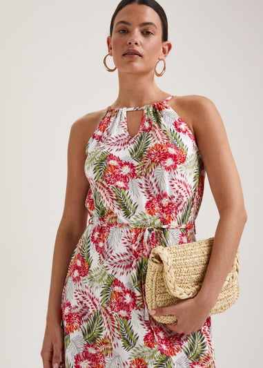 Red Tropical Leaf Print Halter Neck Midi Dress