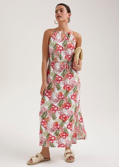 Red Tropical Leaf Print Halter Neck Midi Dress