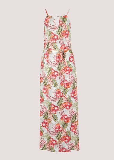 Red Tropical Leaf Print Halter Neck Midi Dress