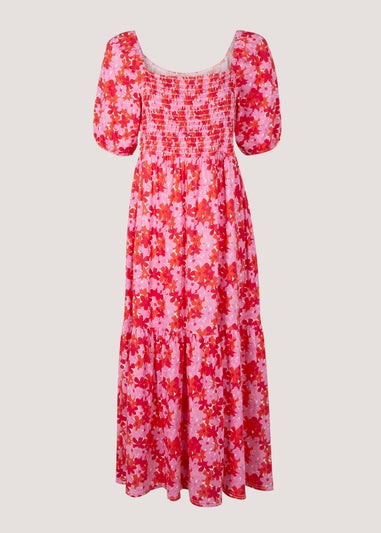 Red Floral Print Shirred Jersey Midi Dress