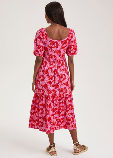 Red Floral Print Shirred Jersey Midi Dress