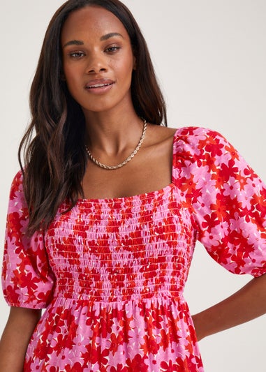 Red Floral Print Shirred Jersey Midi Dress