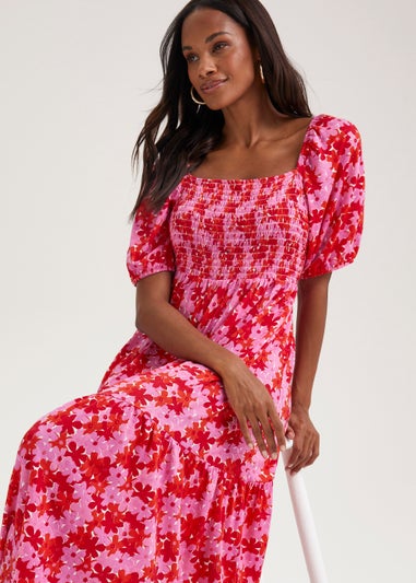 Red Floral Print Shirred Jersey Midi Dress