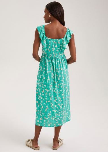 Mint Daisy Print Shirred Midi Dress