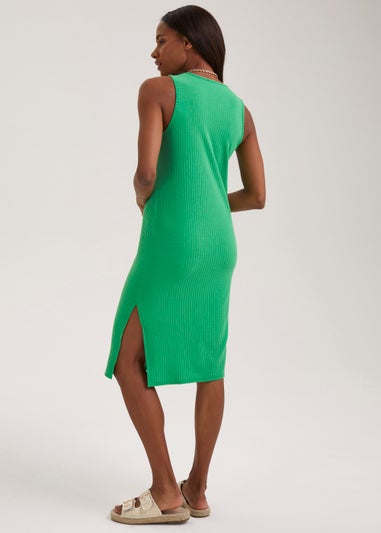 Green Ribbed Calf Length Dress